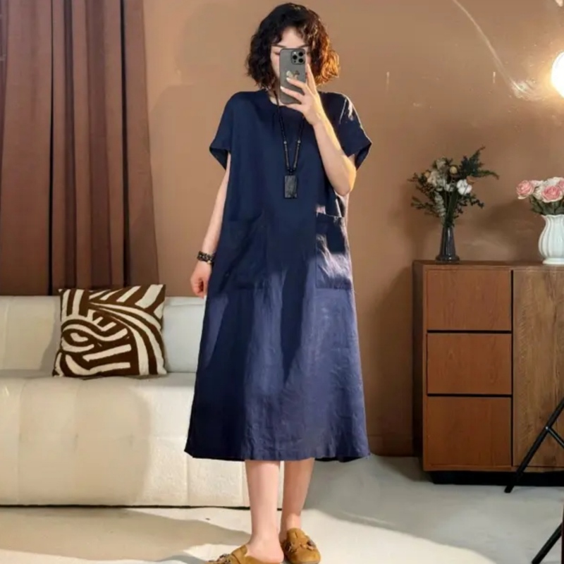 High-End Hemp Vintage Round-Neck Solid Color Large Pocket Straight Loose Dress for Women, Linen, Summer 2025