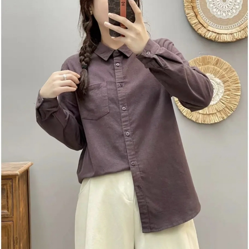 Brushed Cotton Shirt for Women, 2026 Spring and Autumn New Collection, All-Cotton Long-Sleeve, Fashionable, Loose, Casual, Artistic, Versatile Base Shirt