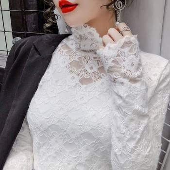 Half-high collar lace long-sleeved women's spring new flocking plus velvet thickened brushed warm inner layering top for women