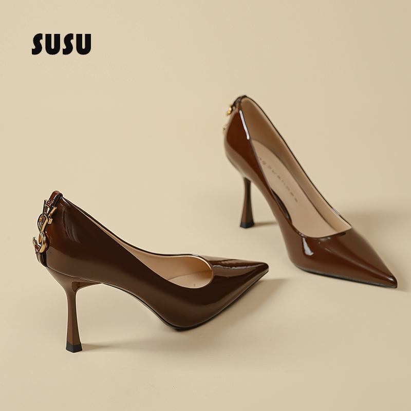 Maillard Brown High-Heeled Shoes for Women, Spring and Autumn, Stiletto Heels, Elegant, High-Class, Sexy Patent Leather, French Style, Stunning Single Shoes