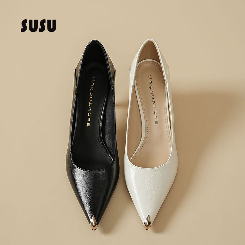 Metallic Iron-Toe Off-White High-Heeled Shoes for Women, Professional Black, Stunning Soft Leather, French Style, Comfortable Stiletto Work Shoes Metallic Iron-Toe Off-White High-Heeled Shoes for Women, Professional Black, Stunning Soft Leather, French Style, Comfortable Stiletto Work Shoes