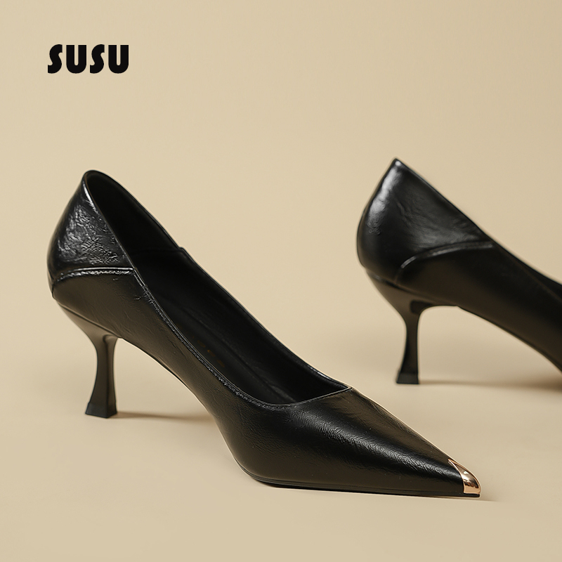 Metal-Toe Black High-Heeled Shoes for Women, 6cm, Professional, High-End Feel, Comfortable, Thin Heel, Soft Leather, Work Shoes, 4cm Single Shoes