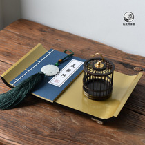 New Chinese Zen golden tray set combination ornaments study bookcase office home home model room decorations