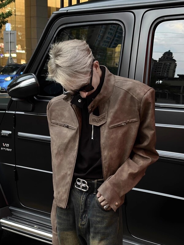Vintage Distressed Brown Motorcycle Leather Jacket for Men, Autumn Niche Design, Melard Color Series, Short Style with Shoulder Pads