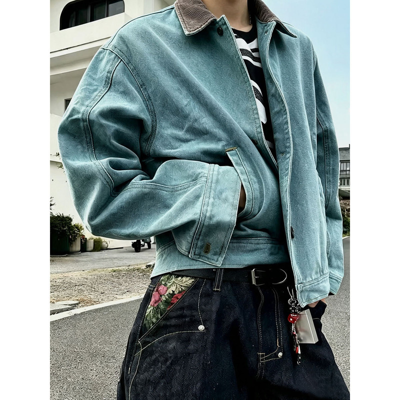 Autumn American Retro Washed Vintage Short Wide Boxy Fit Color-Blocked Lapel Canvas Denim Jacket for Men Trendy