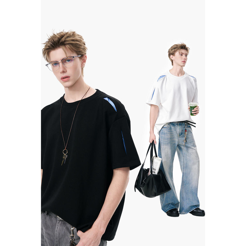 Summer New Niche High-End Design Striped Patchwork Deconstructed Loose Casual Versatile Short-Sleeve T-Shirt for Men Trendy
