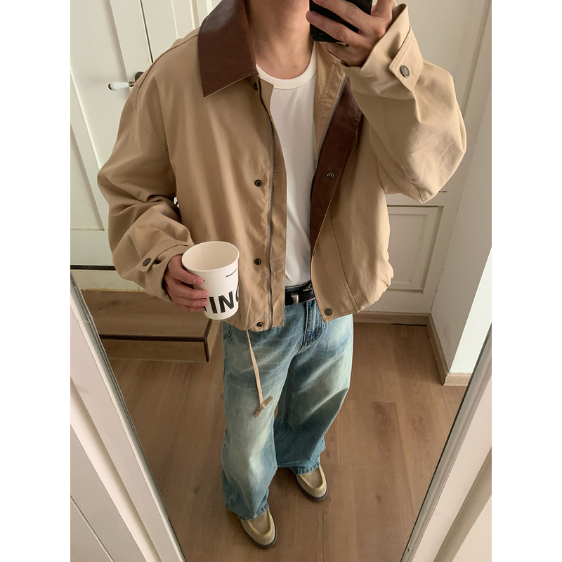 American Retro Barn-Style Short Jacket for Men, 2026 Spring New Loose-Fitting Lapel Patchwork Leather Top, Trendy
