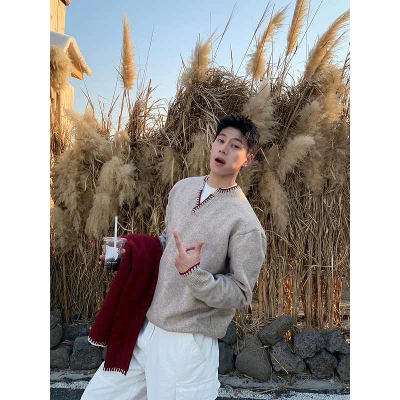 Autumn and Winter New Color-Blocked Fake Two-Piece Knit Sweater for Men, Korean Style, Loose, Casual, Warm, Thick Pullover Inner Sweater, Trendy