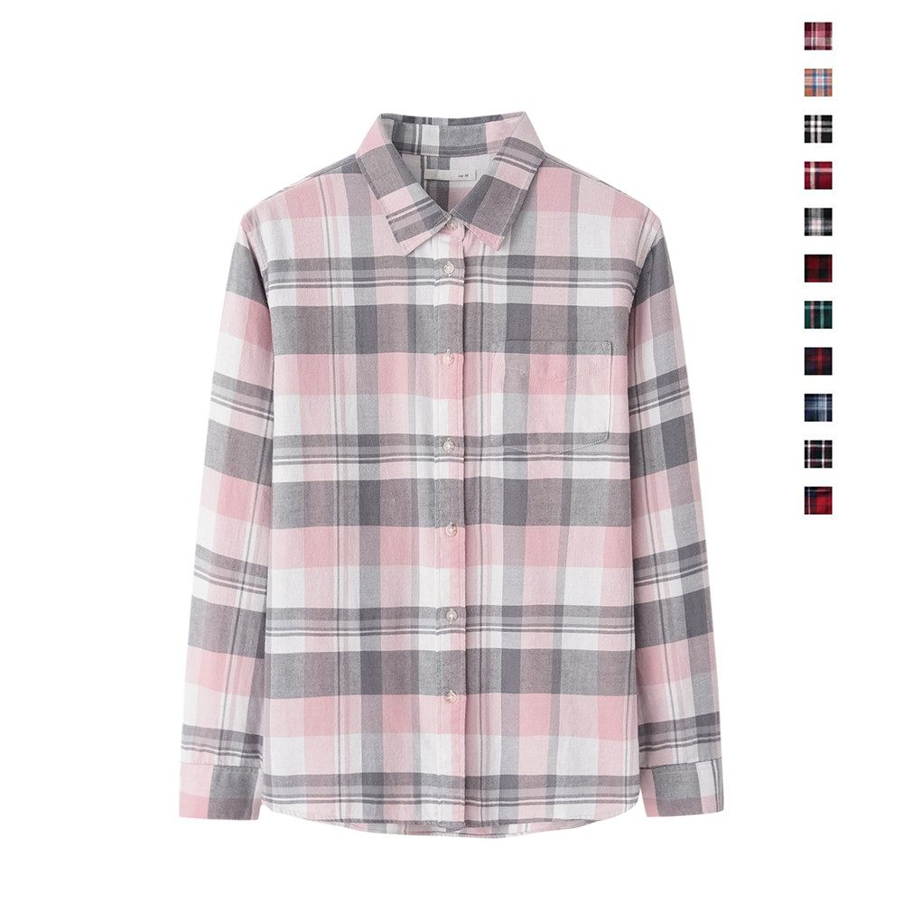 Spring and Autumn Women's Flannel Plaid Shirt (Long Sleeve) Cotton Brushed Shirt British Style Casual Shirt Jacket