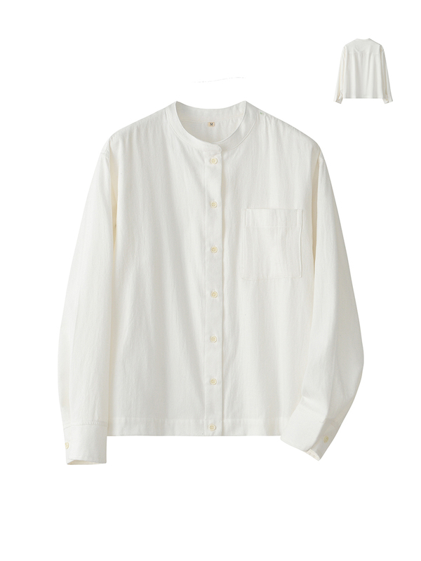 Women's Flannel Stand-Up Collar Shirt, Women's White Plaid Shirt for Layering, Round Neck, Simple, Artistic, Loose Fit