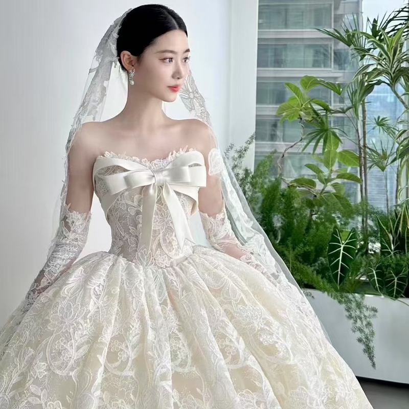 Ribbon Love Letter New Slimming Vintage Wedding Dress Lace Bow Rose Flower Satin Train for Young Girls