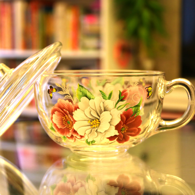 Large capacity with lid glass microwaveable water cup lead-free thickened flower tea cup breakfast cup high temperature resistant big milk cup