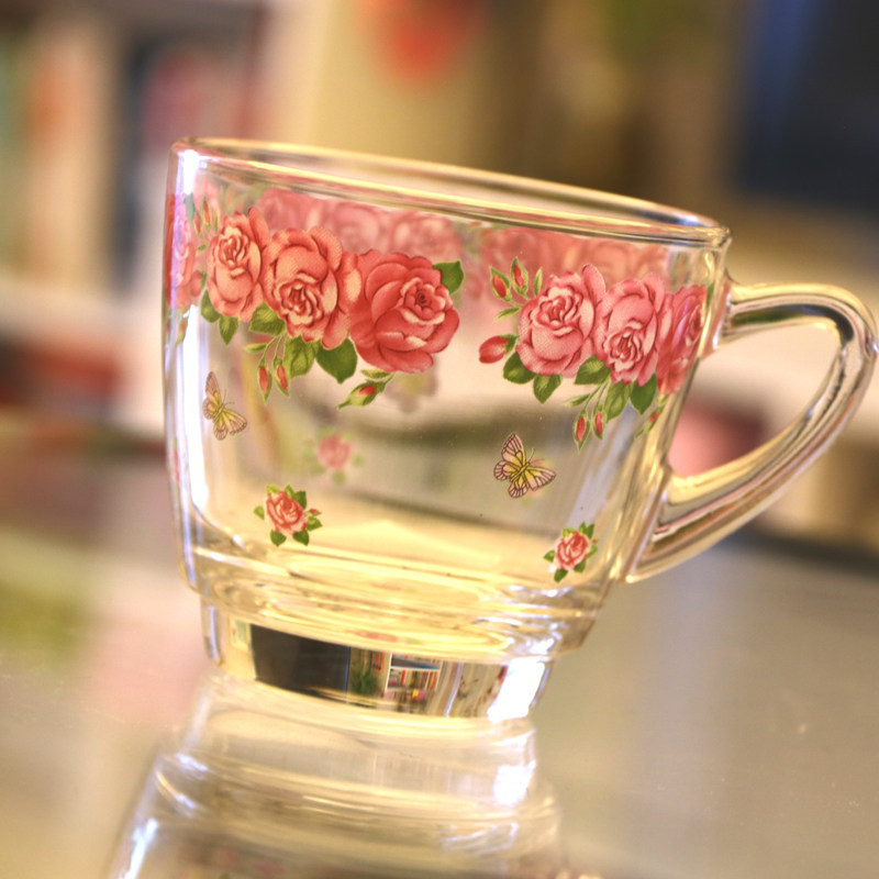 Korean classic color handle cup printed glass water cup with handle tea cup juice cup thickened heat-resistant glass