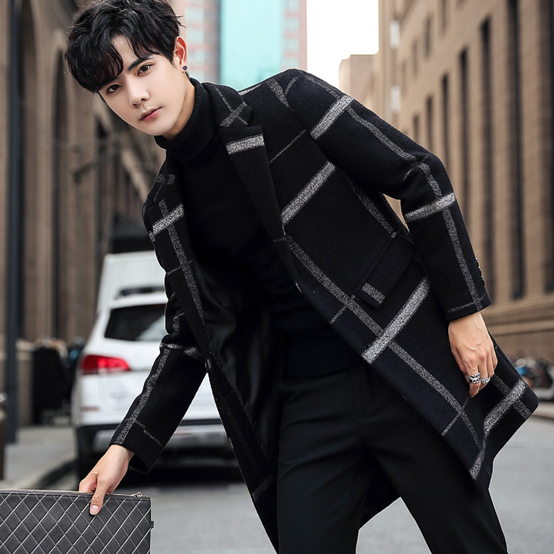 Rich bird autumn and winter plaid coat young men's mid-length wool coat 2019 autumn and winter thick Korean version of Britain