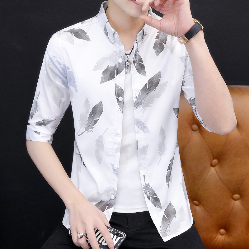 Fugui bird flower shirt male short sleeve ruffin handsome port Wind casual inch shirt Korean version Trend printed with 50% sleeve shirt male