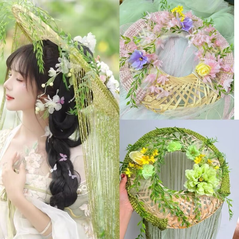 【Willow Leaf Hat】Hanfu Butterfly Bead Chain Tassel Veil Hat Ancient Style Veil Hat Long Gauze Tassel Lace Fairy Show