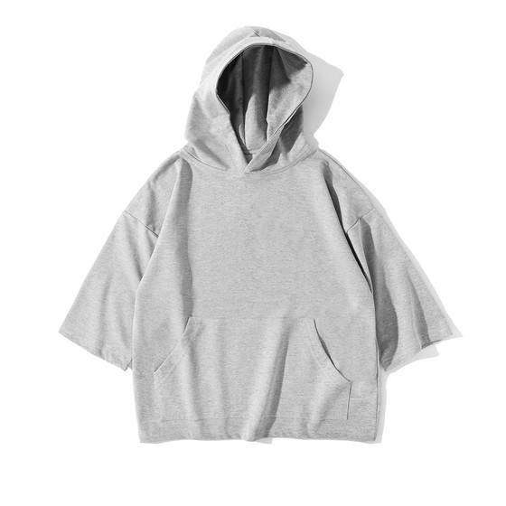 pureoversize summer ultra-thin hooded Japanese half-sleeved hoodie five-sleeve solid color simple versatile short-sleeved