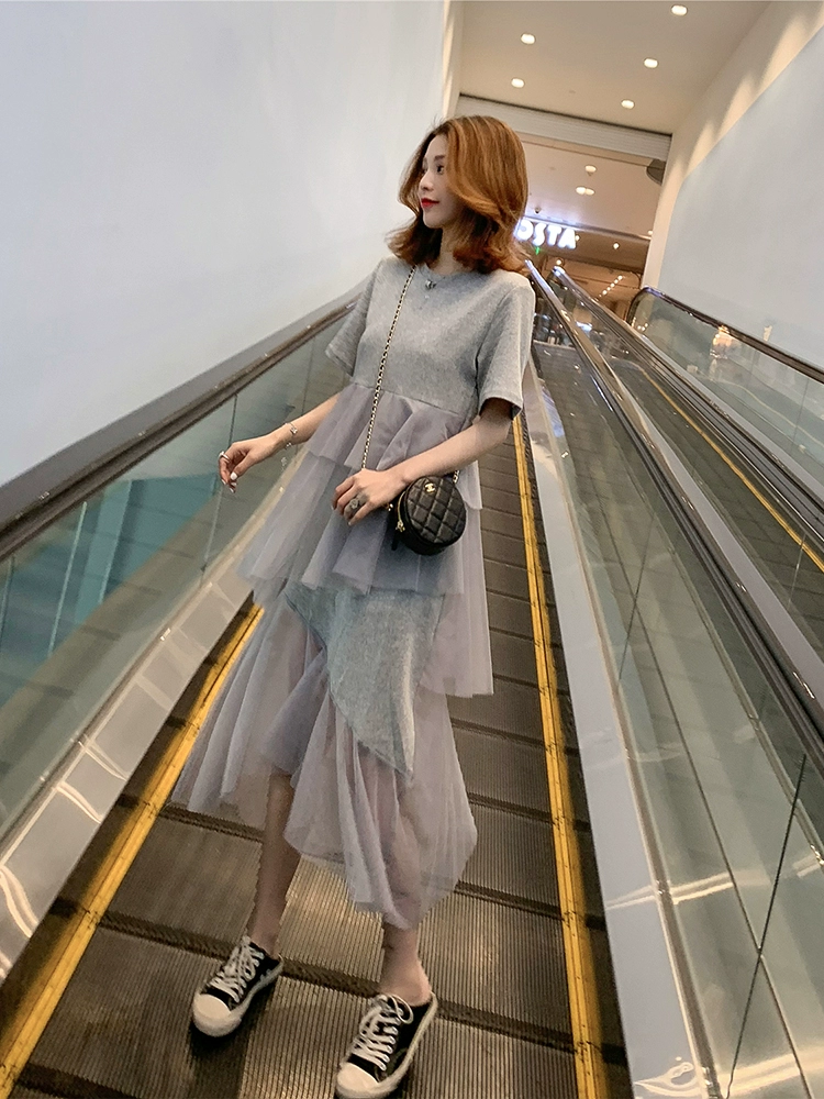 Phiên bản Hàn Quốc của Fairy phụ nữ ngắn tay phối lưới Đầm xòe dài ngang gối bất thường với bạn gái - Váy dài