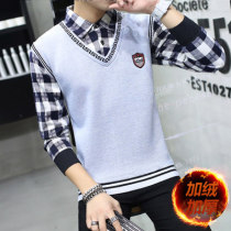 Winter new youth plus thickening warm underwear men trend Korean version fake two long sleeve student knife shirts