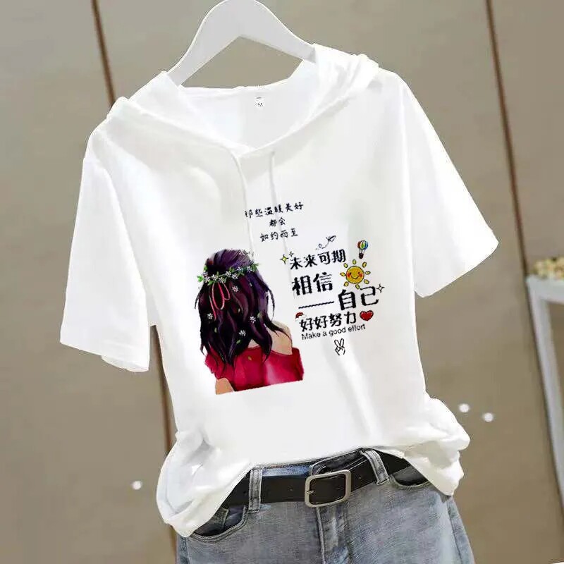 Hooded short-sleeved t-shirt women's 2022 summer new student boudoir honey dress loose large size top trendy wearing hat