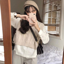 South Korea ins autumn Joker simple doll collar long sleeve shirt retro hemp pattern short knit waistcoat vest