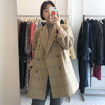 (Muzly) South Korea chic autumn and winter temperament retro check suit collar loose long sleeve wool coat female