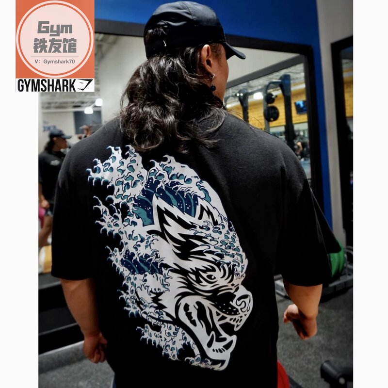 American Darcsport Wolf Head Wave Short Sleeve Unisex American Style Sports Fitness Casual Loose Printed Cotton T-Shirt
