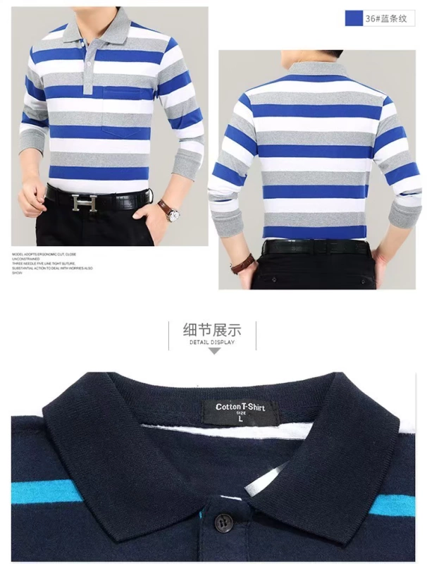 Đàn ông trung niên dài tay mùa hè mỏng phần ve áo T-shirt cotton polo áo sơ mi trung niên lỏng lẻo sọc nam tay áo ngắn áo phông nam có cổ