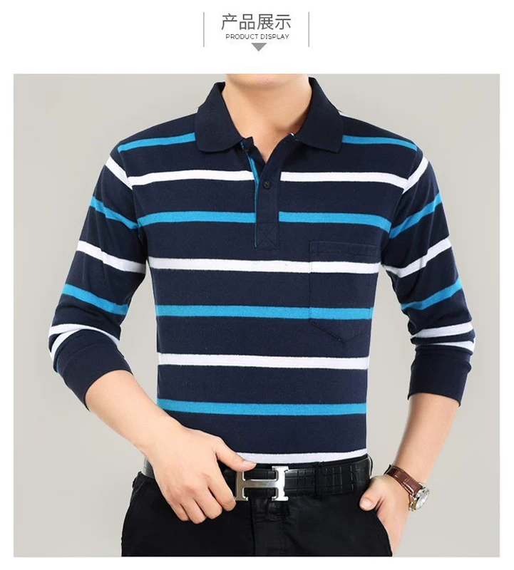 Đàn ông trung niên dài tay mùa hè mỏng phần ve áo T-shirt cotton polo áo sơ mi trung niên lỏng lẻo sọc nam tay áo ngắn áo phông nam có cổ