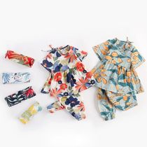 Girls Fruit Flower Print Back Openwork Lace-up Short Sleeve Shirt Elastic Waist Small Pants Two-piece set