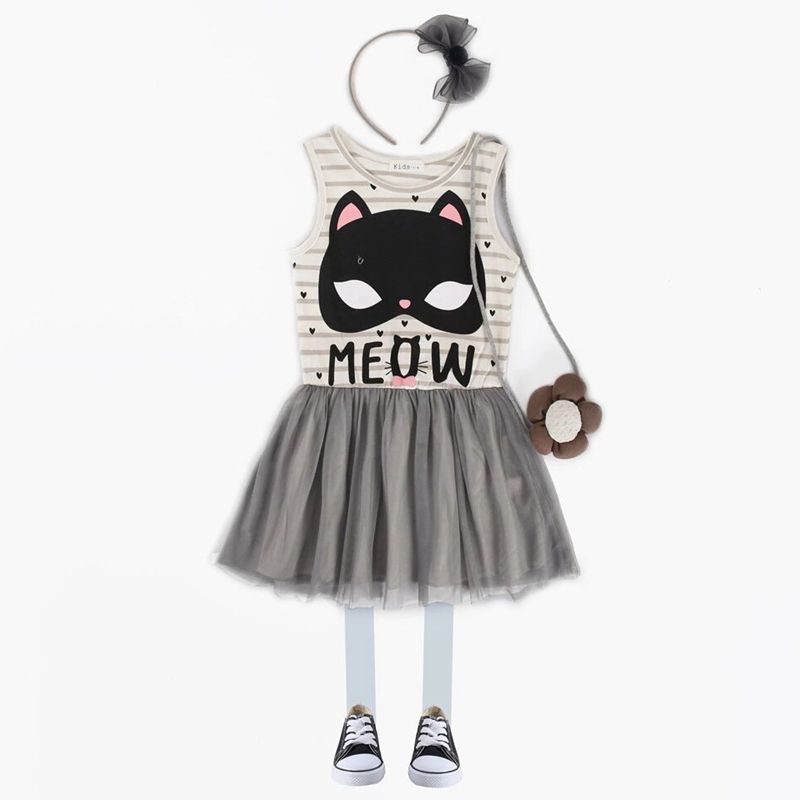 Girls cat print mesh stitching sleeveless vest dress tutu skirt Children's striped fluffy princess dress