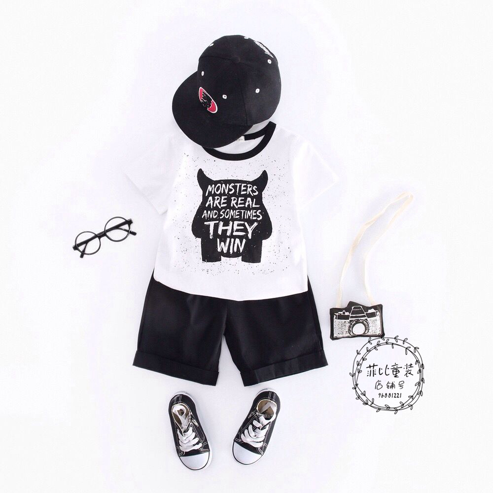 Boy's little monster prints short - sleeved T - shirt draws rope short - sleeved two - piece set of cartoon pure cotton children suit summer