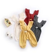 Girls  Brushed Cotton Bow Lace Ruffle Bib Pants Infant Solid color Jumpsuit Long climbing coat Autumn