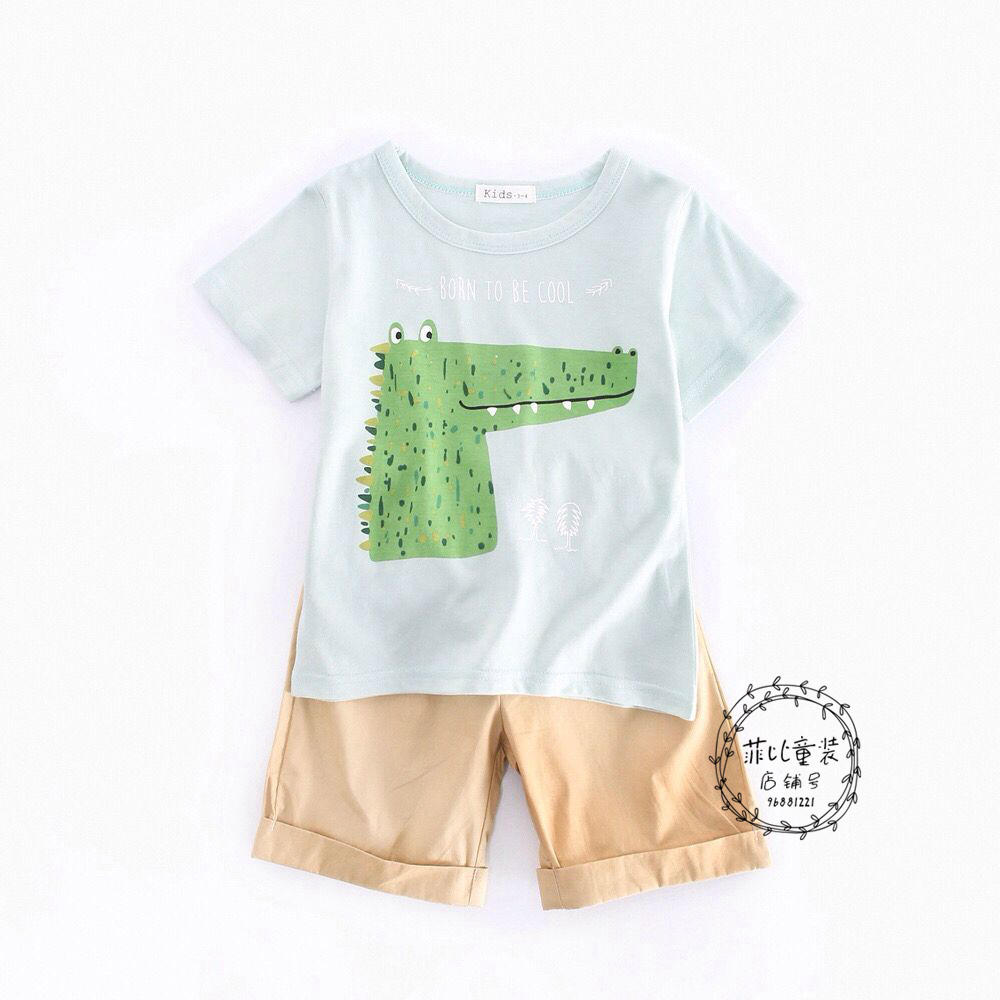 Men's treasure crocodile print short-sleeved T-shirt, two-piece curly shorts, children's cotton set summer 3-10 years old