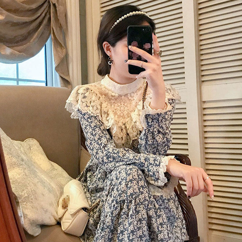 Spring clothing 2022 new women's clothing tea break French lace floral chiffon dress design sense niche long skirt