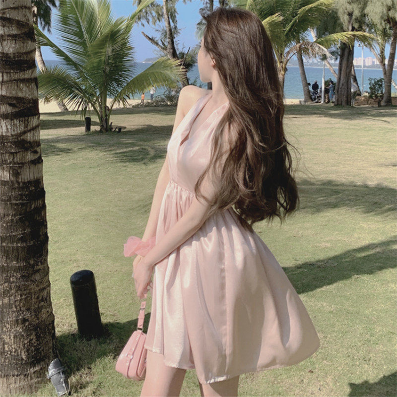 2022 early spring new women's clothing careful machine open back hanging neck satin waist temperament suspender short skirt French dress