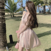 2022 early spring new womens clothing carefully machine open back halter satin waist temperament suspender short skirt French dress