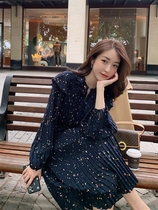 French knee-length chiffon floral dress spring 2022 new cold wind womens high-end pleated long skirt