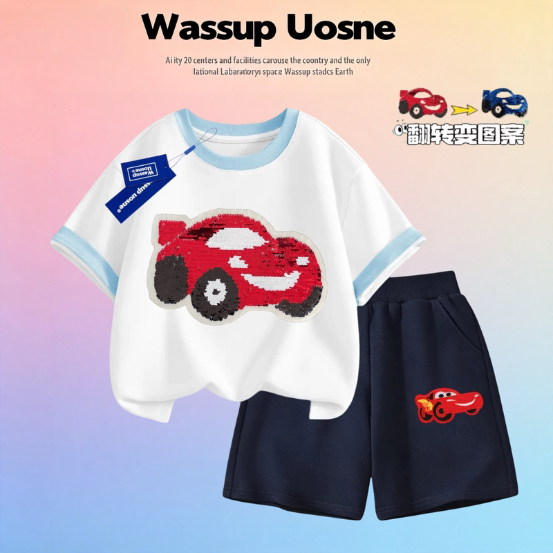 Cars Mcqueen Sequin Color-Changing Wassup Summer Breathable Thin Short-Sleeve Ice-Feel T-Shirt and Shorts for Men, Women, and Children Cars Mcqueen Sequin Color-Changing Wassup Summer Breathable Thin Short-Sleeve Ice-Feel T-Shirt and Shorts for Men, Women, and Children