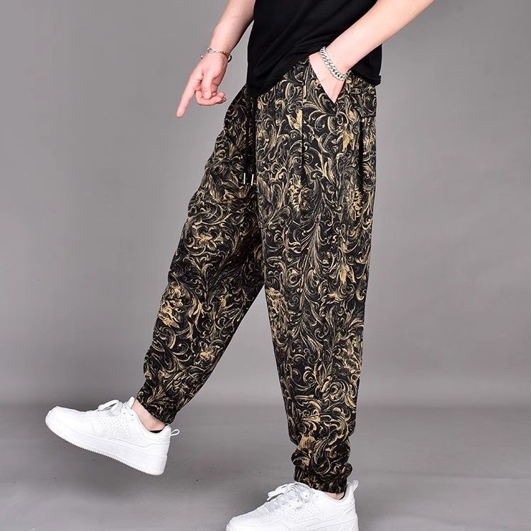 Trendy Printed Loose Wide-Leg Jogger Pants Men's Long Pants Summer New Ice Silk Trendy Harem Casual Floral Pants