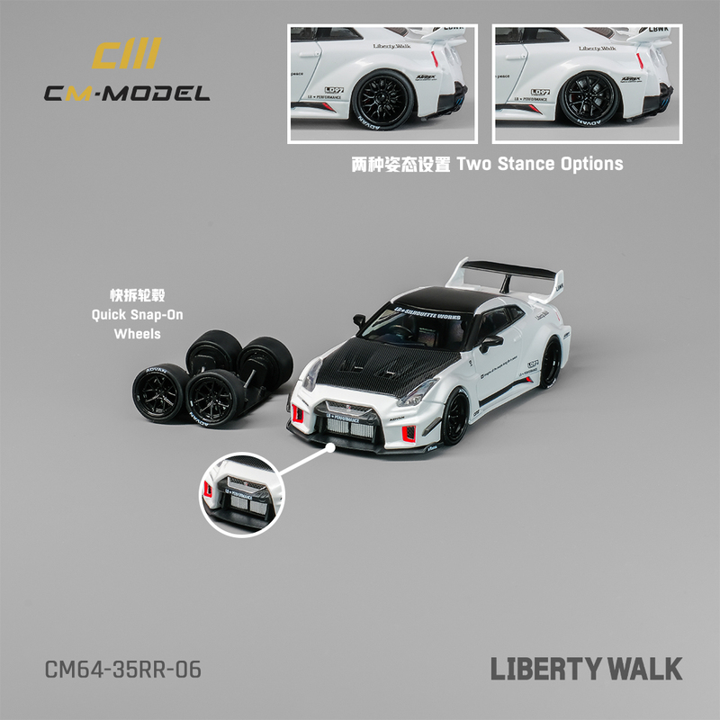 Cm Model 1:64 Nissan Gtr R35 35Gt-Rr White Carbon Cover Alloy Car Model with Replacement Wheel