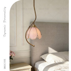 French-Style Vintage Creative Floral Bedside Pendant Light with Iron Art Pink Resin Lampshade and Pearl Bedside Balcony Small Pendant Light