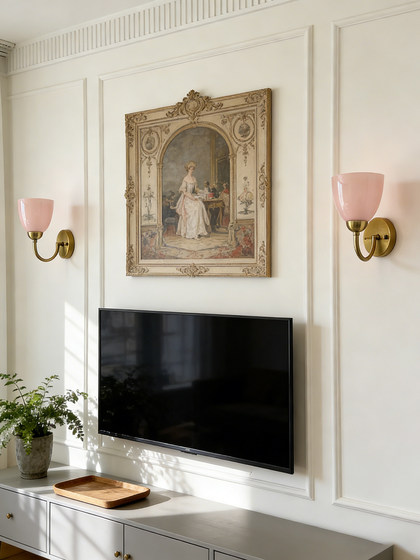 French Romantic Pink Glass Wall Lamp, Iron Art Light Luxury Living Room, Bedroom, Dining Room Wall Lamp, Warm Princess Room Lighting Fixtures