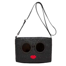 Japanese magazine cute pearl sunglasses embroidered red lip straw woven bag shoulder messenger bag