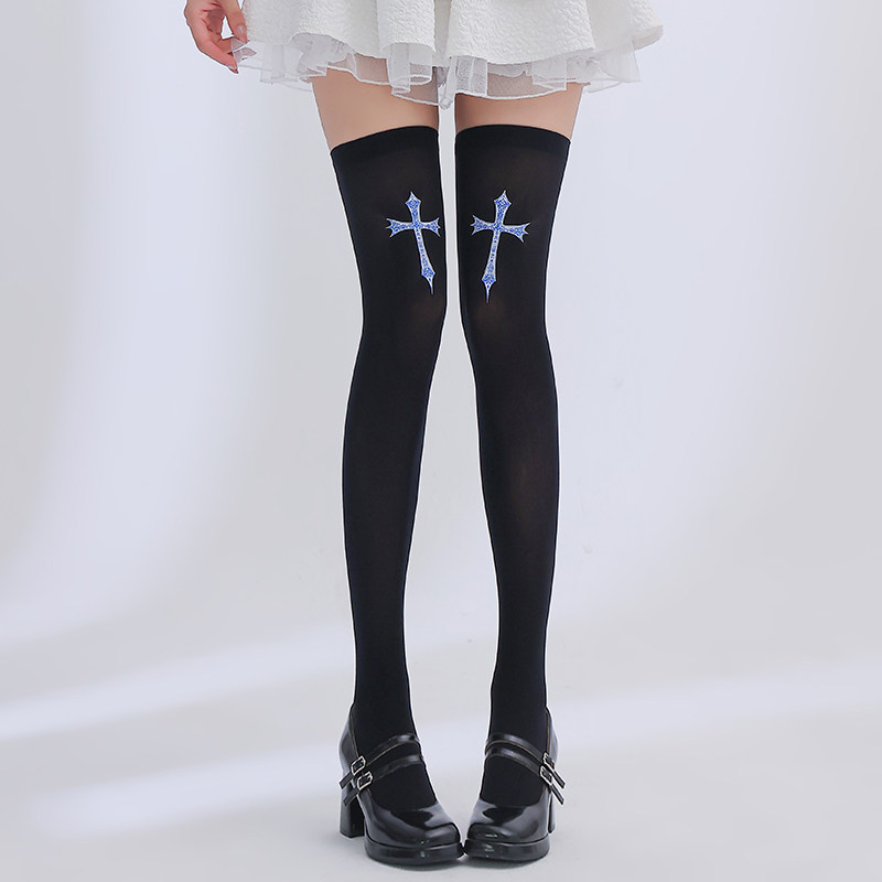 Cross-patterned over-the-knee socks for women, spring and autumn, black punk style, Y2K printed long socks, over-the-knee suspender socks.