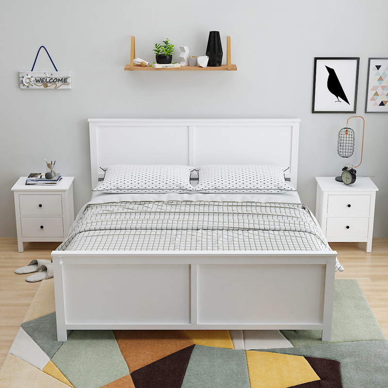 Full-solid wood custom Nordic double bed minimal modern storage high-box bed with drawer white American wedding bed