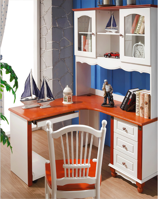 American country rustic style solid wood custom corner bookcase desk