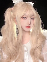 Wig cover woman long hair natural full headgear realistic long curly hair large wave emulation hair light golden cos full head