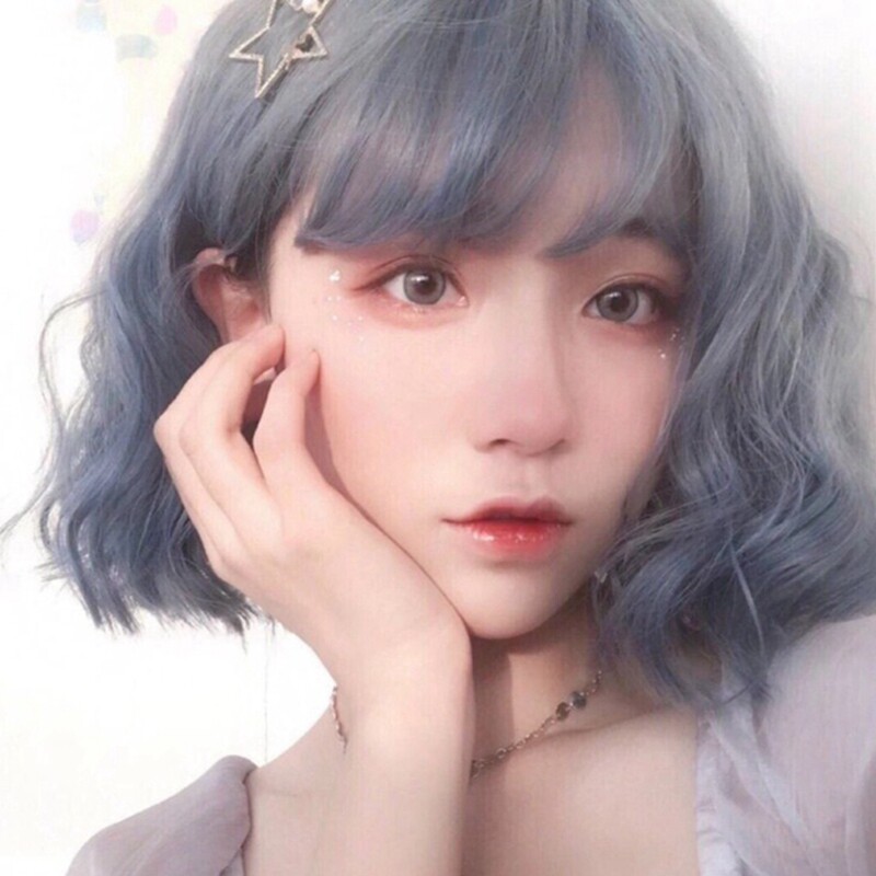 Air Liuhai Wig Women's Short Hair Round Face Net Red Clavicle Hair Fluffy Natural Egg Roll Hair Harajuku Blue Grey Headgear