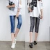 Quần denim crop top nữ mùa hè cộng với size quần ngoài mặc quần legging cạp cao cạp cao 7 điểm là quần mid skinny quần nữ - Khởi động cắt